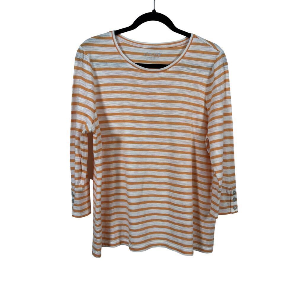 Chico's 3/4 Sleeve Button Tee Shirt Womens 2 Large Orange Striped Cotton Slub